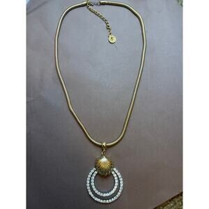 Vintage LISNER Gold Snake Chain Rhinestone Double Hoop Pendant Necklace Signed